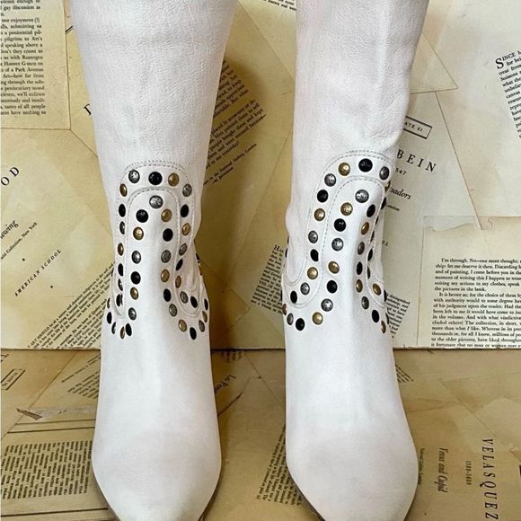 Free People Studded Dakota Heel Boot Leather Slouch Ivory Distressed Leather - Picture 8 of 9